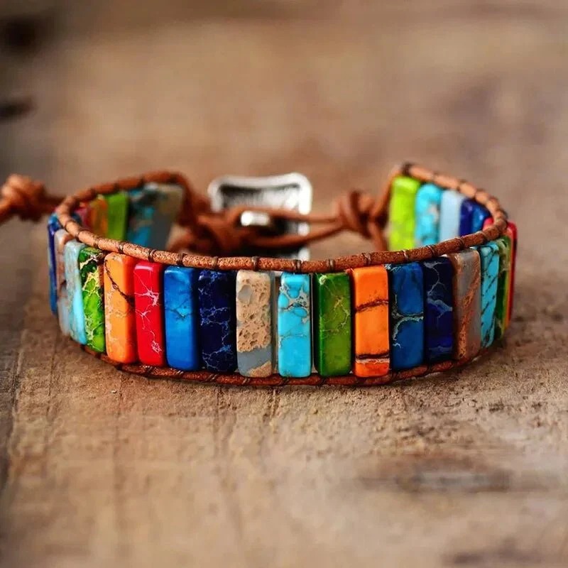 Bohemian Multicolor 7 Chakra Healing Stone Bracelet – Woven Leather Wrap